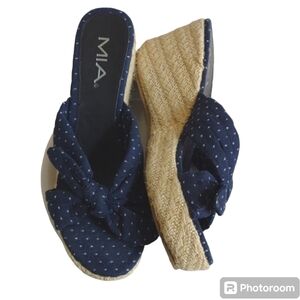 MIA Platform Wedge Espadrilles Sandal Blue Polka Dot Tie Detail